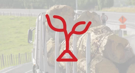 Decorative image of truck hauling logs. Overlayed with sprouting tree icon.